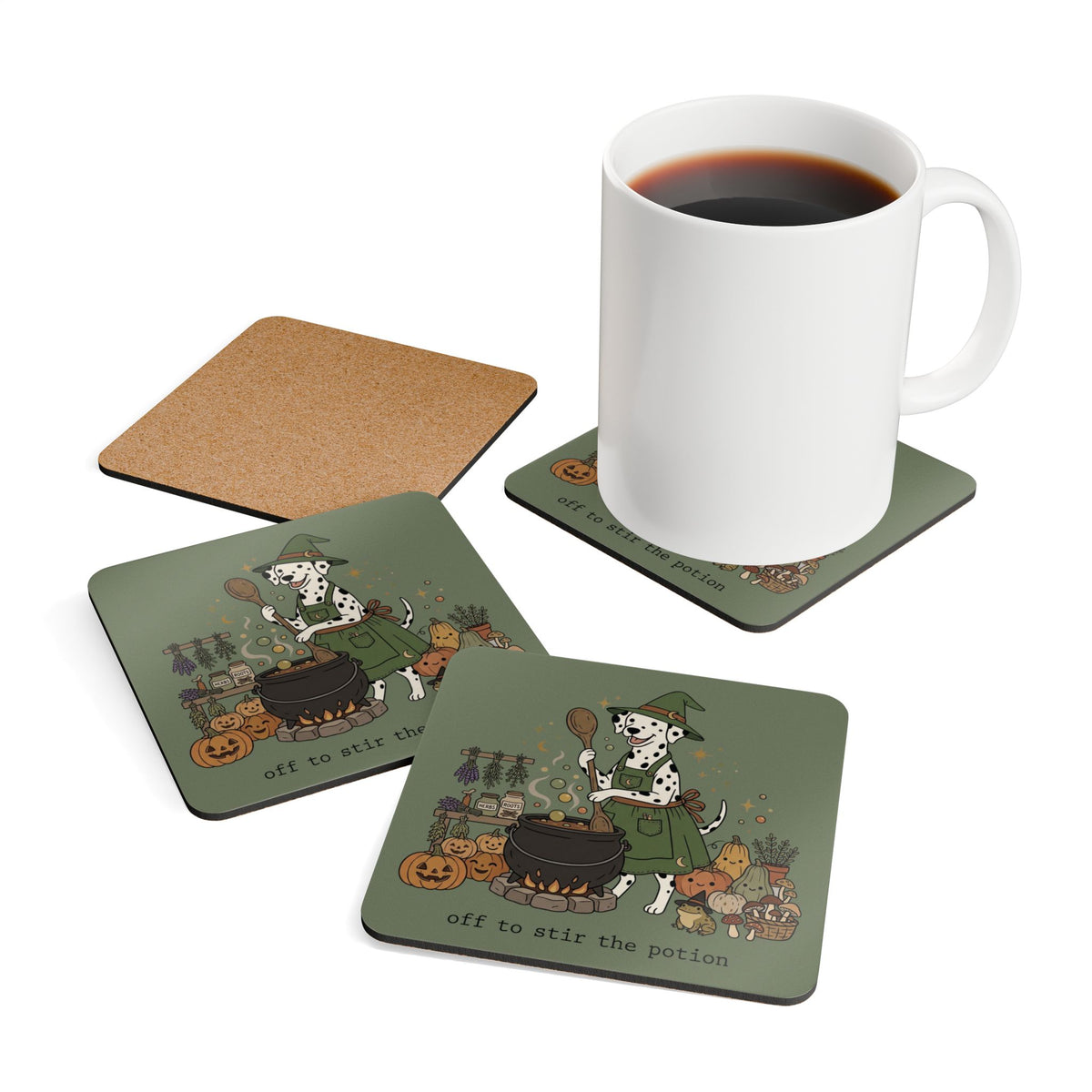Off To Stir The Potion - Corkwood Coaster Set - Moos