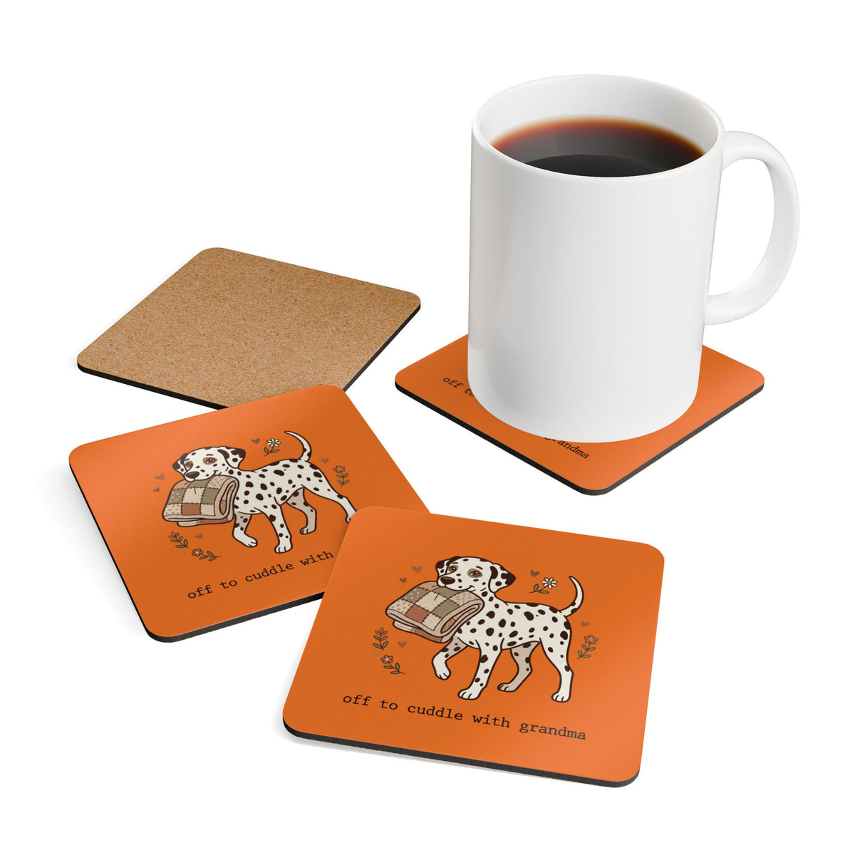 Off To Cuddle With Grandma - Corkwood Coaster Set - Orange
